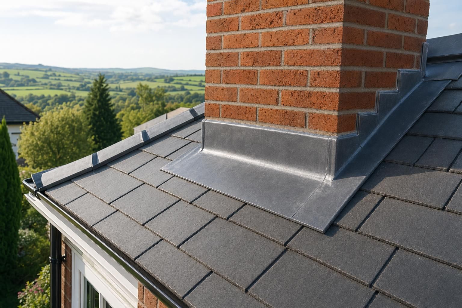 Chimney stack and lead flashing on a British home